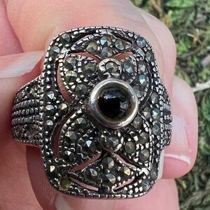 Black Onxy Marcasite Sterling Silver Ring - Women Jewelry